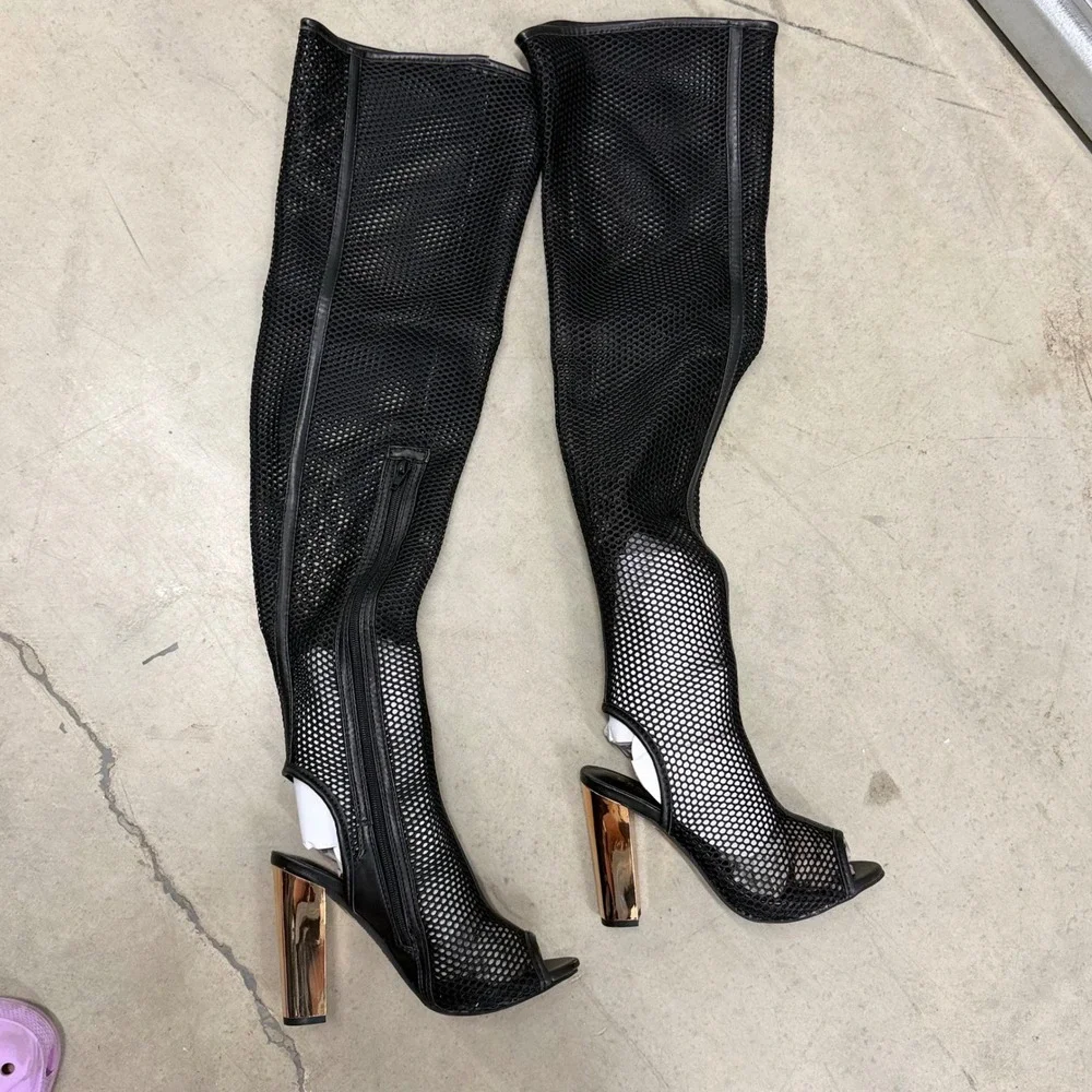 Bamboo Black Mesh Over The Knee Boots Open Toe Gold Block Heel Womens 7